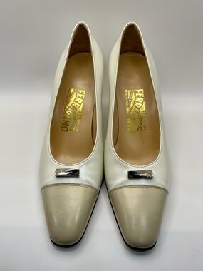 Salvatore Ferragamo Vintage White & Beige Leather Cap-Toe Pumps Size 7.5